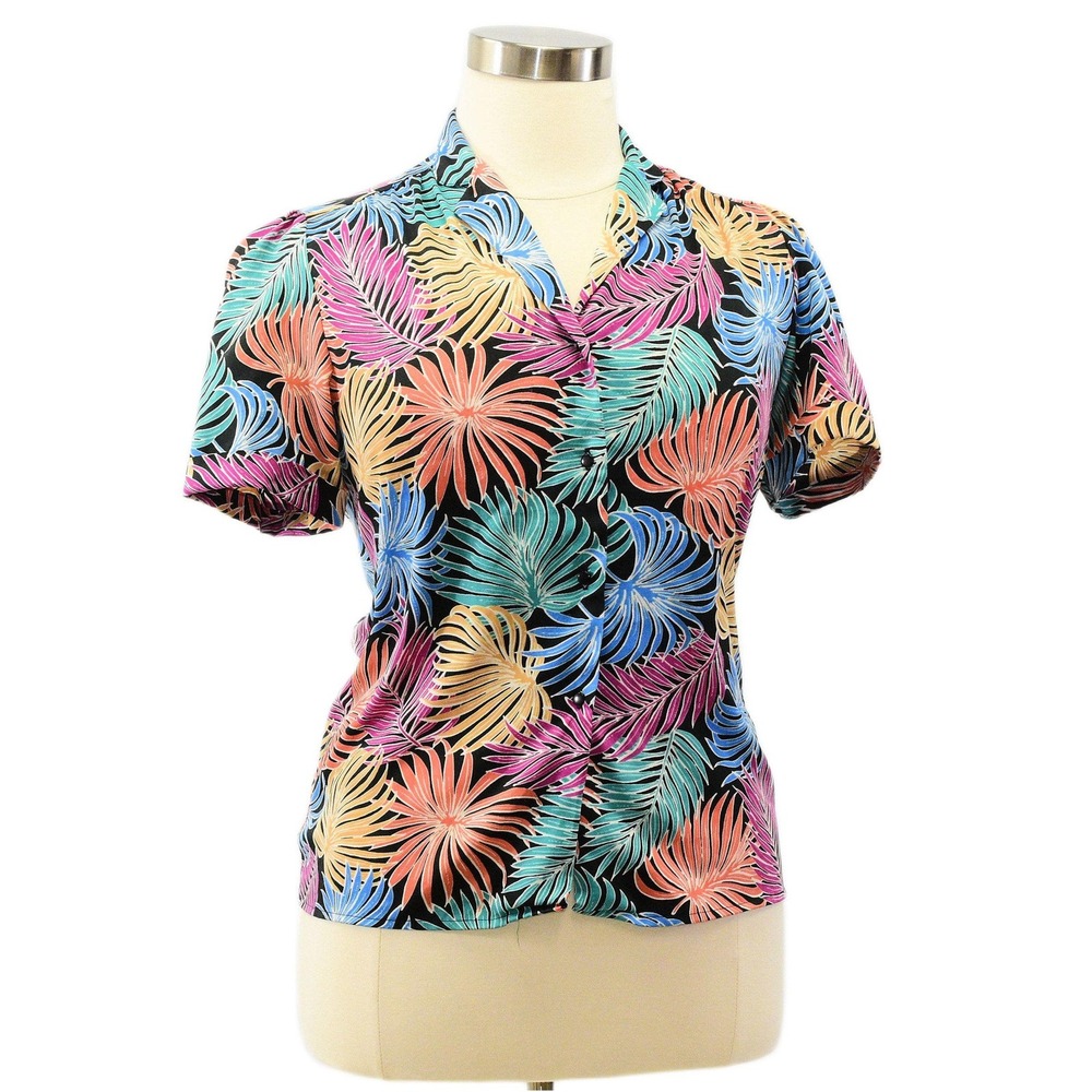 70s Vintage Levis Tropical Leaf Print Blouse Womens L Boho Vacation Top Disco